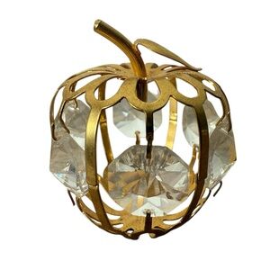 Gold Toned Crystal Apple Ornament Rhinestone Filagree Metal Lightweight Pumpkin